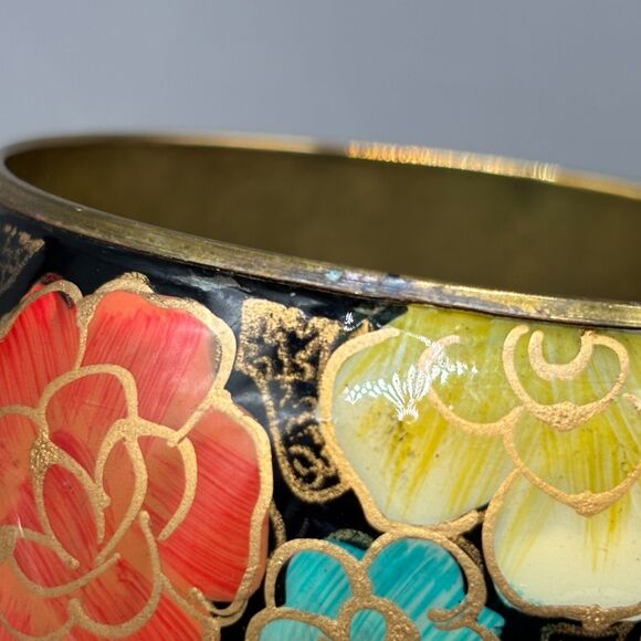 Brass Bangle Bracelet Hand Painted Floral Enamel Wide Boho Retro Vintage Style - Picture 9 of 9